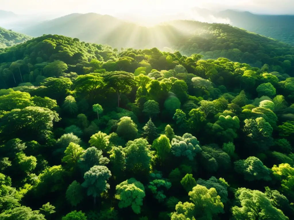 Un bosque exuberante con rayos de sol filtrándose a través del dosel, resaltando la vegetación vibrante