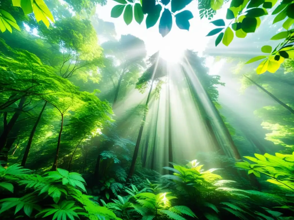 Un bosque exuberante y sereno, con luz solar entre las copas resaltando la diversidad y belleza natural