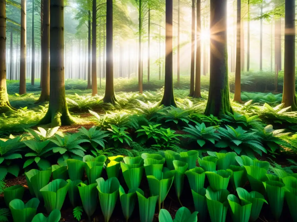 Un bosque exuberante y vibrante bañado por la luz solar, con sombras danzantes en el suelo