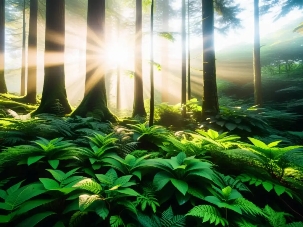 Un bosque exuberante y vibrante, con luz solar filtrándose a través del dosel, iluminando la diversa vida vegetal