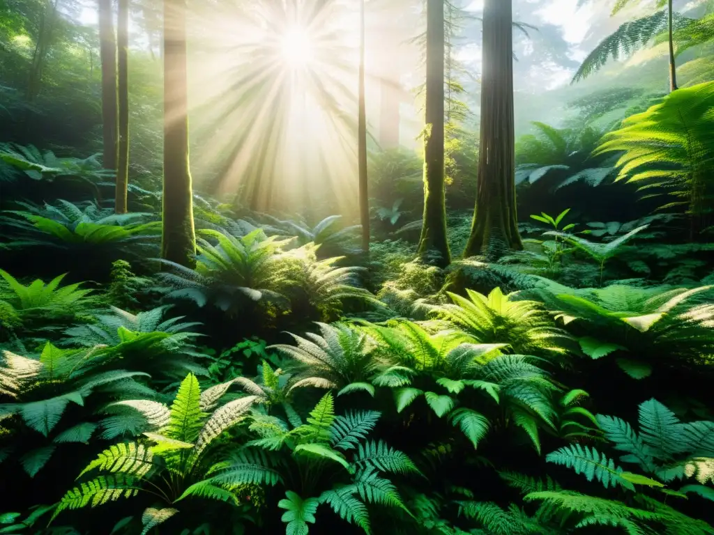 Un bosque exuberante y vibrante con luz solar filtrándose entre el dosel, creando sombras moteadas en la exuberante vegetación