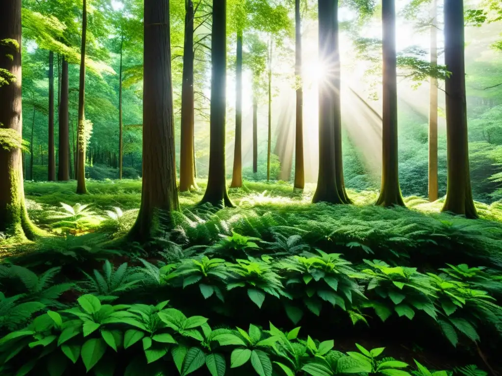 Un bosque exuberante y vibrante con rayos de sol filtrándose a través del dosel, creando sombras moteadas en el suelo del bosque