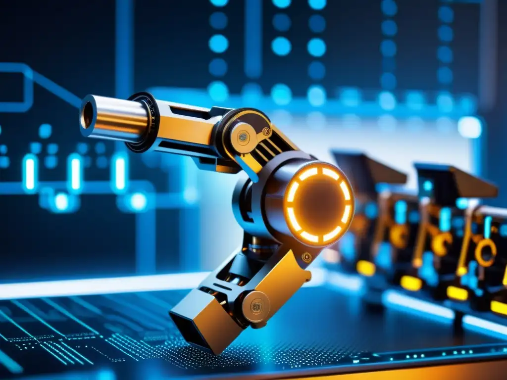 Un brazo robótico fusionando blockchain y robótica de código abierto en una imagen futurista y tecnológica