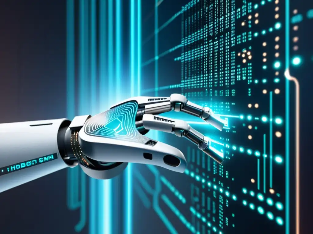 Un brazo robótico detallado y futurista inspecciona líneas de código en una pantalla holográfica, con patrones de código binario y circuitos girando a su alrededor