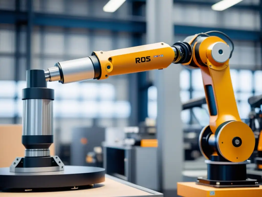 Un brazo robótico en un entorno industrial moderno, utilizando ROS para ensamblar componentes de forma precisa, destacando el impacto del Sistema Operativo de Robots Open Source en la automatización industrial