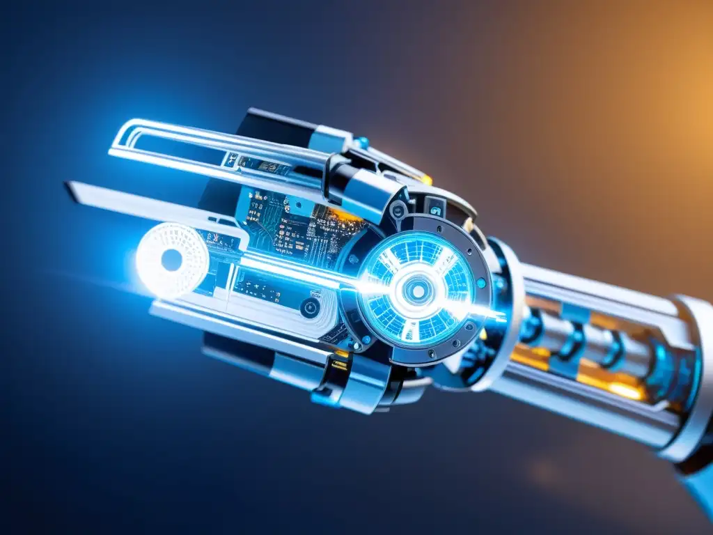 Un brazo robótico futurista fusionando Blockchain y Robótica de Código Abierto, con detalles de circuitos y acentos azules brillantes