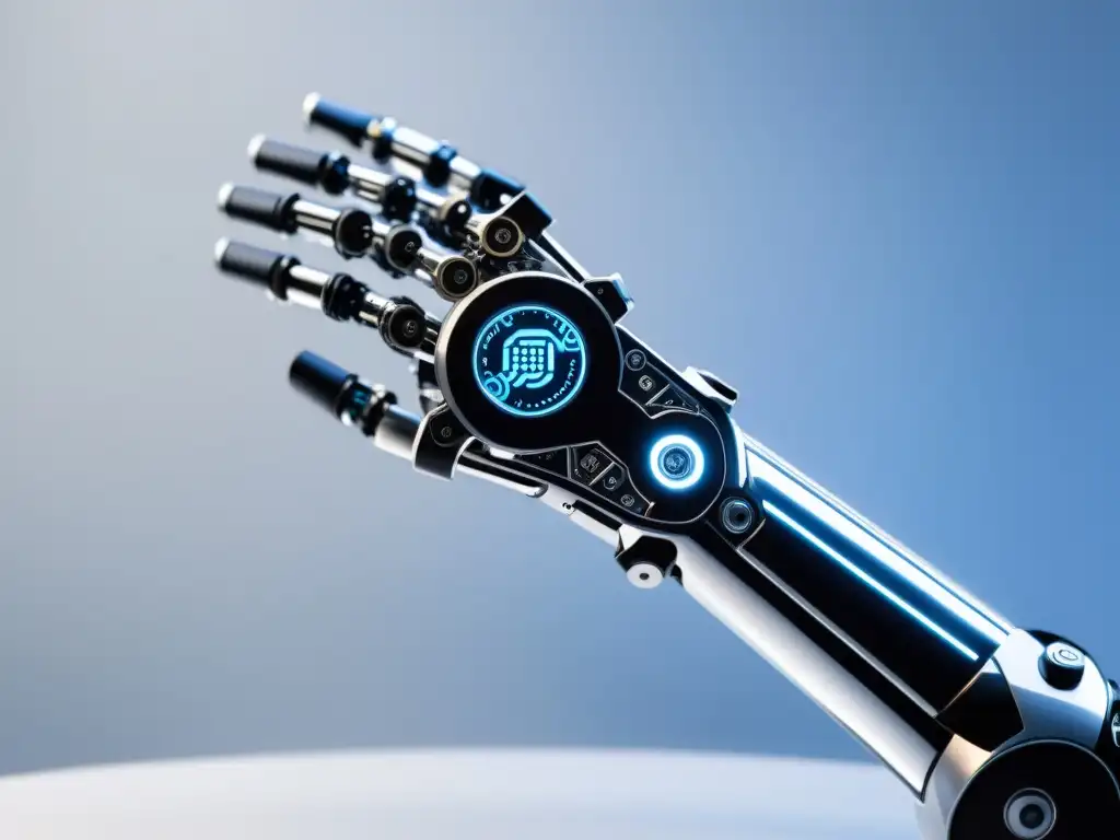 Un brazo robótico futurista fusionando blockchain y robótica de código abierto en un laboratorio blanco de alta tecnología