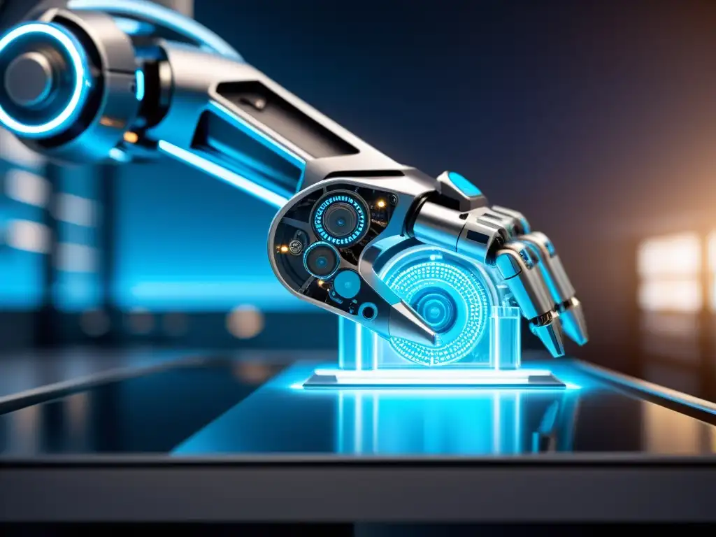 Un brazo robótico futurista y elegante fusionando Blockchain y Robótica de Código Abierto en un laboratorio de alta tecnología