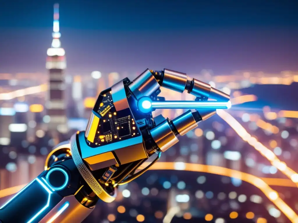 Robótica futurista en la ciudad: brazo tecnológico y código brillante Un brazo robótico futurista, rodeado de código y luces de la ciudad