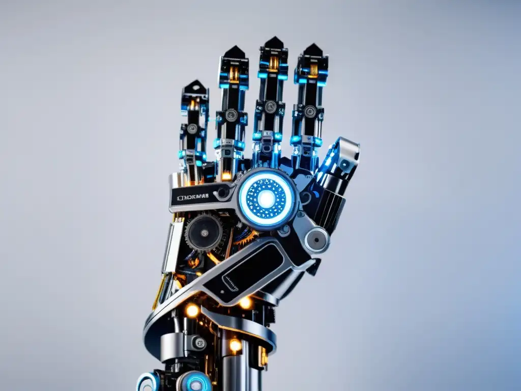 Un brazo robótico moderno fusionando Blockchain y Robótica de Código Abierto, con detalles intrincados y luces azules brillantes