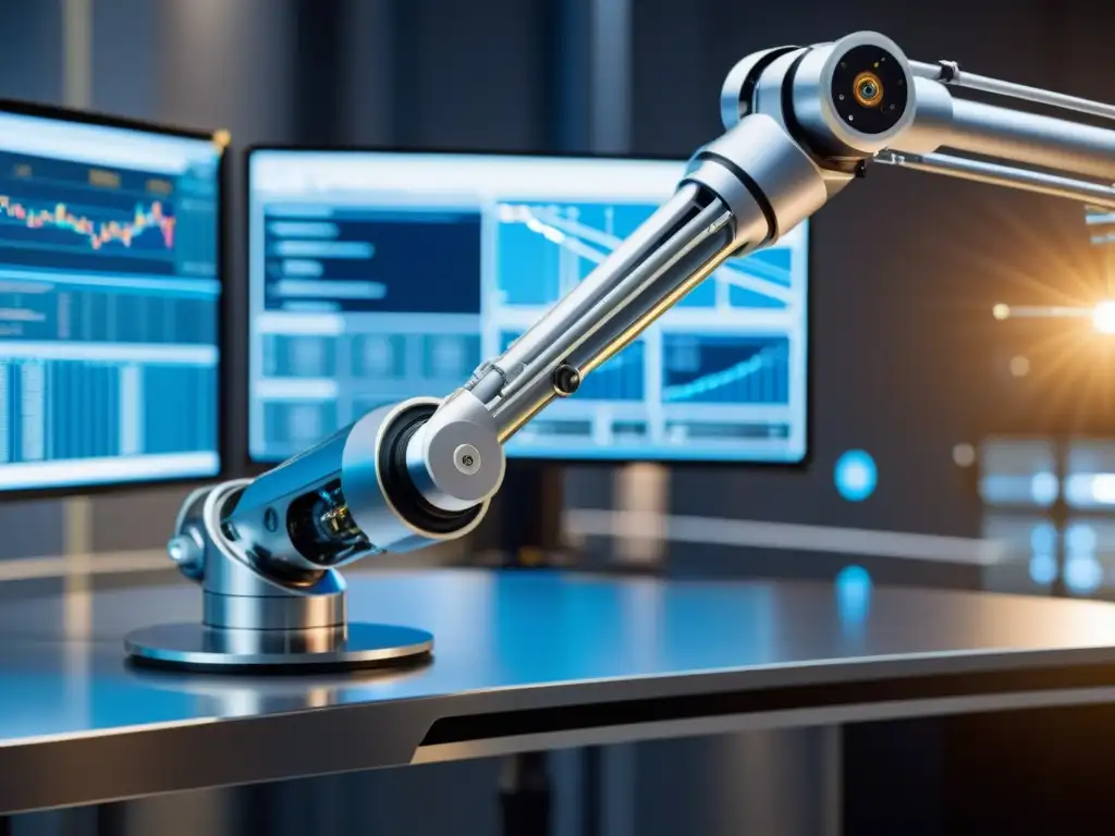 Robótica de vanguardia: Brazo robótico en acción Un brazo robótico moderno en movimiento, en un laboratorio futurista con sistemas avanzados y monitores mostrando código y visualizaciones de datos relacionados con inteligencia artificial y robótica