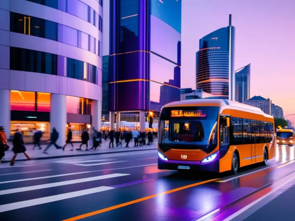 Una bulliciosa calle de la ciudad al anochecer, con elegantes autobuses eléctricos deslizándose junto a imponentes edificios