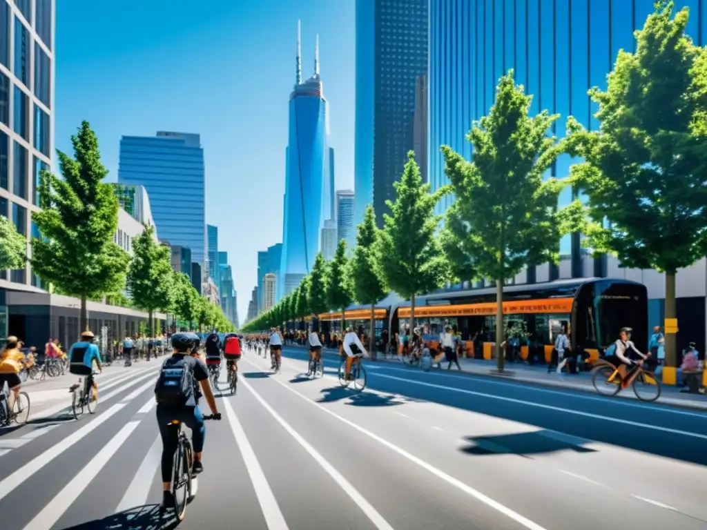 Una bulliciosa calle de la ciudad con gente caminando y en bicicleta, rodeada de modernos rascacielos