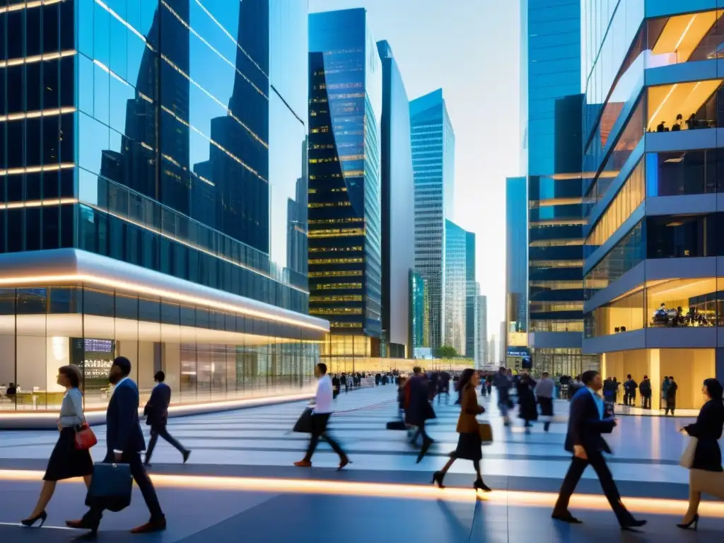 Una bulliciosa calle de la ciudad llena de modernos edificios de oficinas y profesionales activos, con símbolos de código abierto integrados en la arquitectura y pantallas digitales, simbolizando la integración de modelos de negocio de código abierto en el mundo corporativo