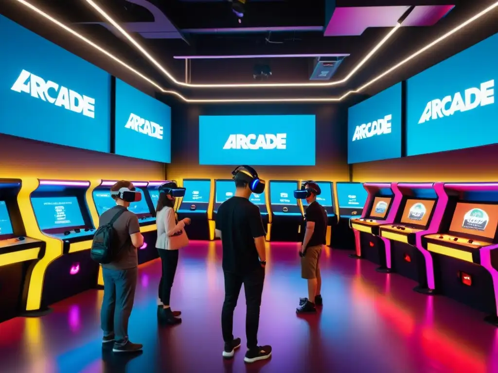 Un bullicioso arcade de realidad virtual con tecnología de código abierto para entretenimiento, vibrante y futurista