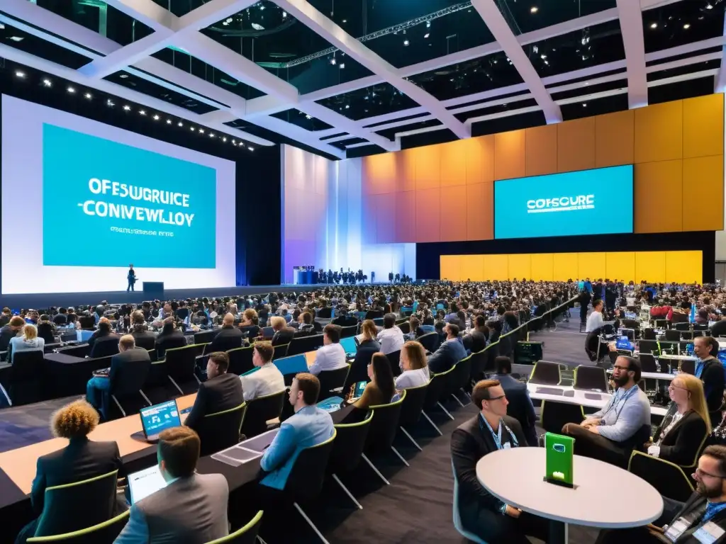 En el bullicioso centro de convenciones, los asistentes participan en apasionadas discusiones sobre tecnología de código abierto