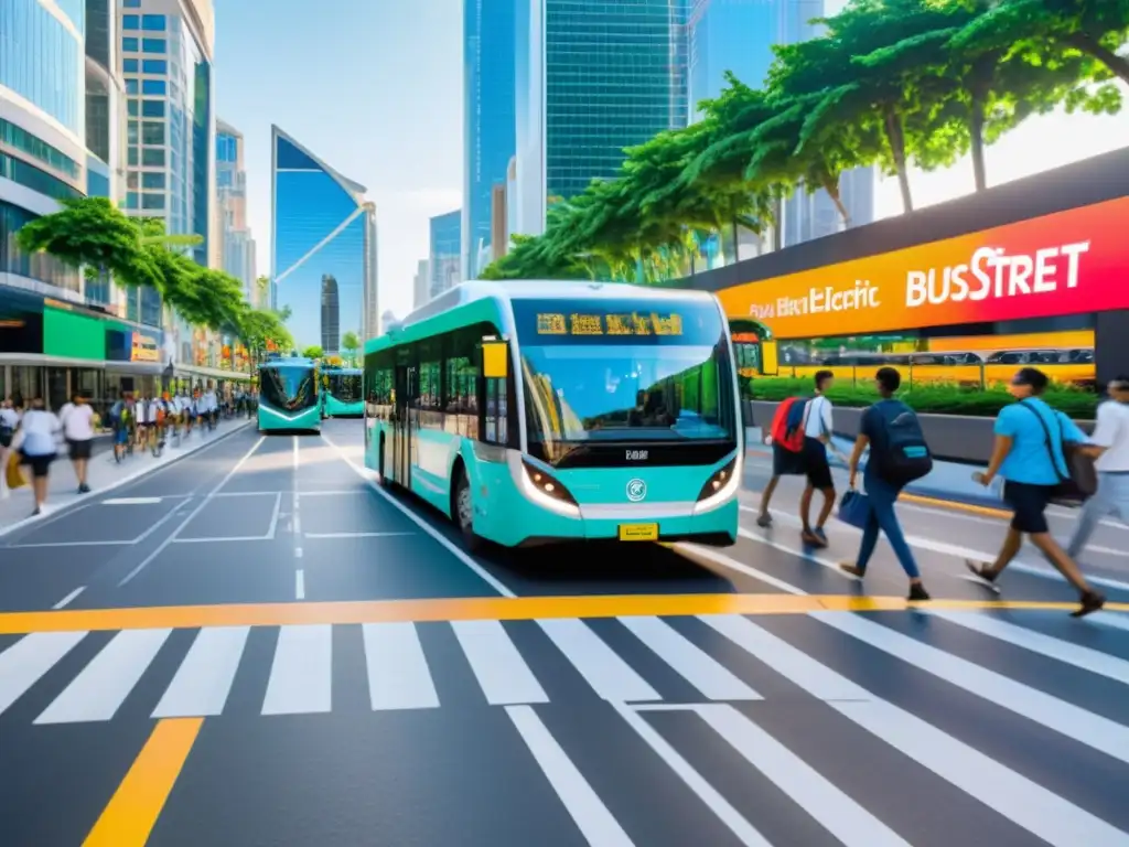 Un bullicioso paisaje urbano con buses eléctricos, ciclistas y peatones