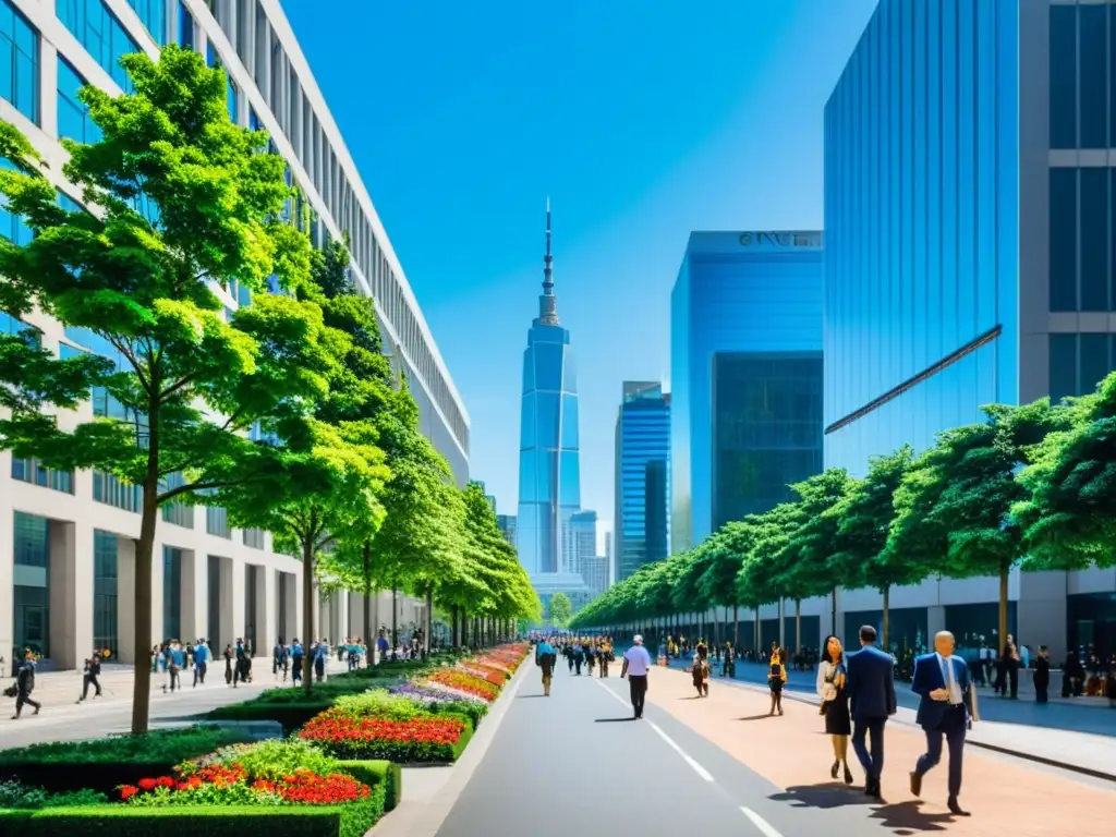 Un bullicioso paseo por la ciudad con edificios gubernamentales y personas interactuando