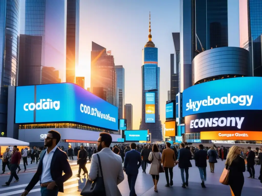 Una calle de la ciudad llena de gente, modernos rascacielos y vallas publicitarias digitales muestran innovaciones tecnológicas