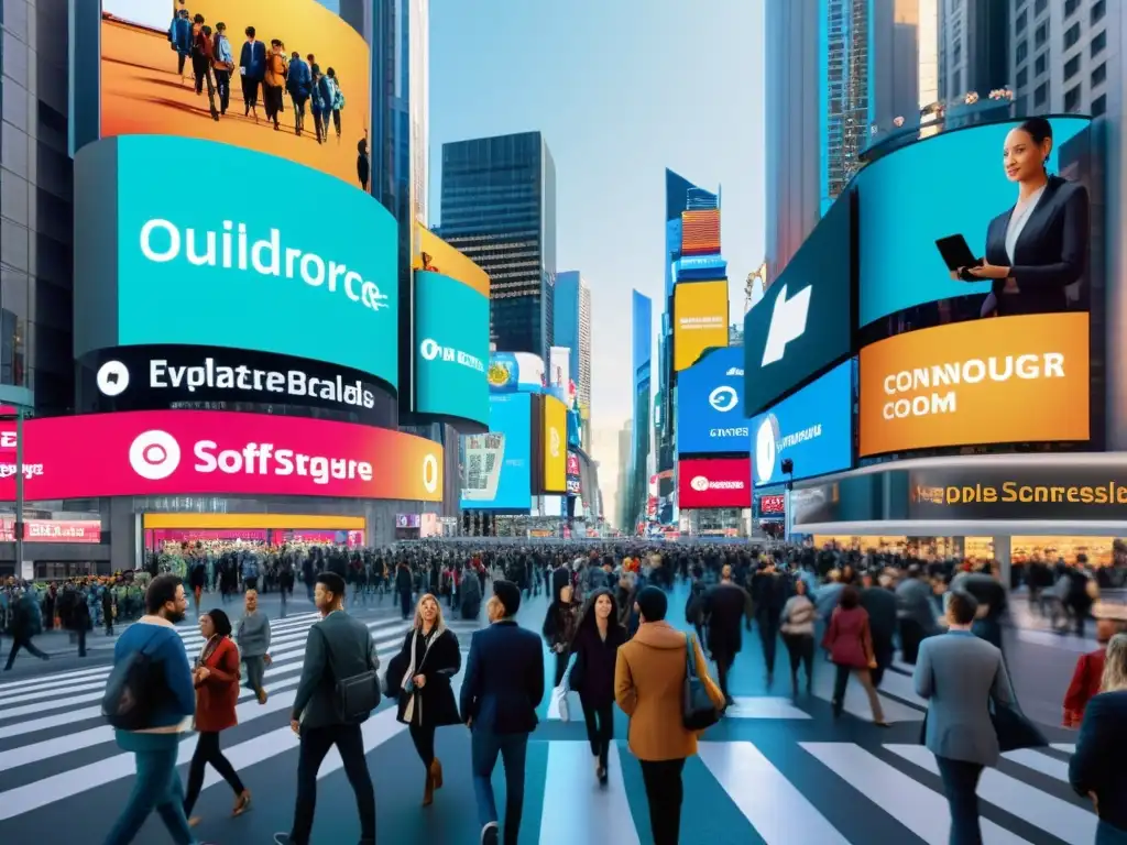 Una calle de la ciudad llena de gente y edificios modernos, con vallas publicitarias digitales mostrando logotipos de software de código abierto y estrategias de marketing