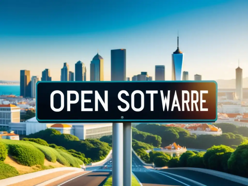 Elección entre innovación y tradición en software Un camino dividido entre una ciudad futurista y una oficina tradicional, simbolizando el análisis de CostoBeneficio Software Código Abierto