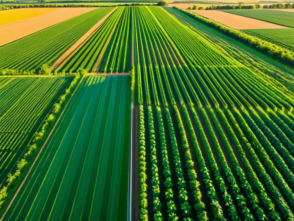 Un campo de cultivo exuberante se extiende hasta el horizonte, bañado por la luz dorada del sol poniente