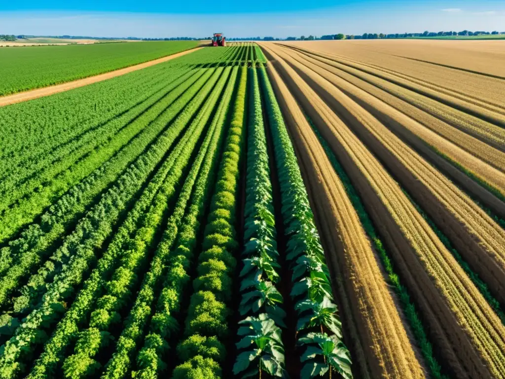 Un campo de cultivo exuberante con tecnología agrícola avanzada y maquinaria moderna, aplicando IA de código abierto en agricultura inteligente