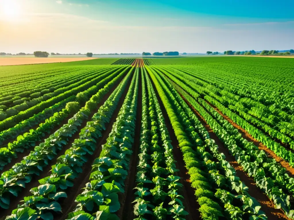 Un campo de cultivos verde exuberante se extiende hacia el horizonte bajo el brillo cálido del sol