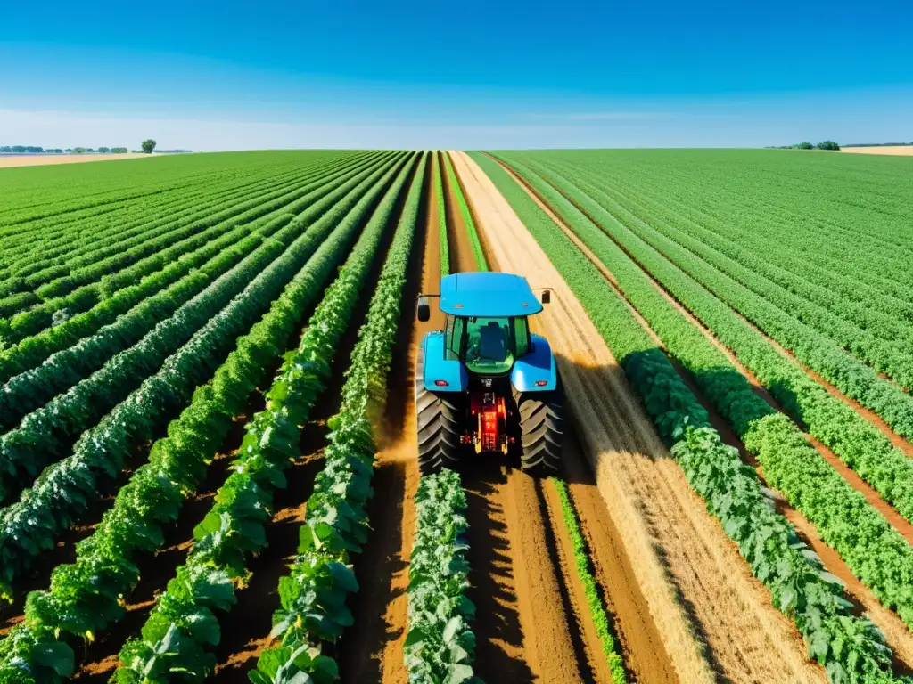 Un campo agrícola exuberante con un tractor moderno aplicando IA de código abierto en agricultura inteligente, bajo un cielo azul claro