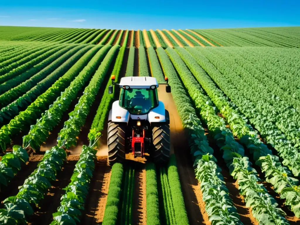 Un campo agrícola exuberante y vibrante se extiende bajo un cielo azul claro, con filas de cultivos coloridos que se pierden en el horizonte