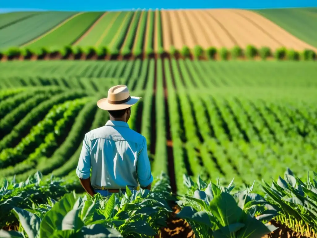 Un campo agrícola exuberante y vibrante con filas de cultivos verdes se extiende hacia el horizonte bajo un cielo azul claro