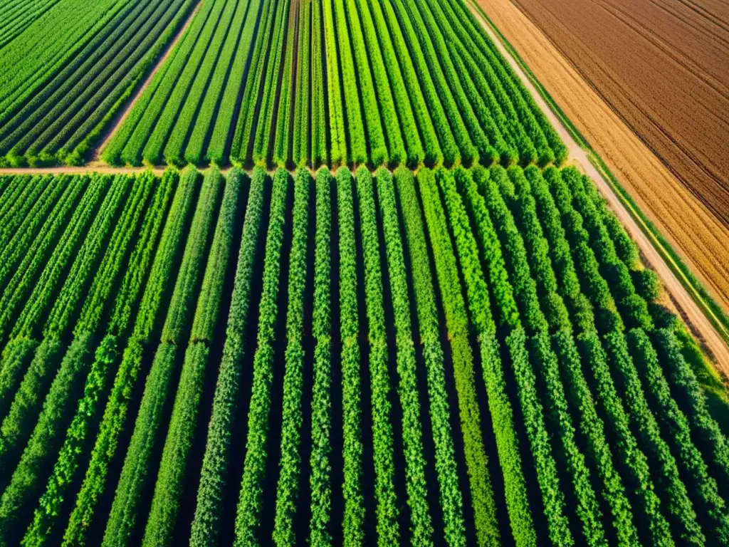 Campo agrícola vibrante: innovación y belleza natural Un campo agrícola exuberante y vibrante con filas de cultivos, iluminado por el sol