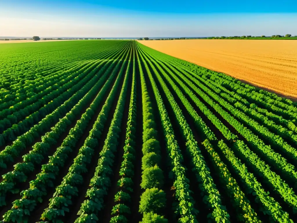 Un campo frondoso y vibrante bajo un cielo azul claro, con cultivos plantados meticulosamente