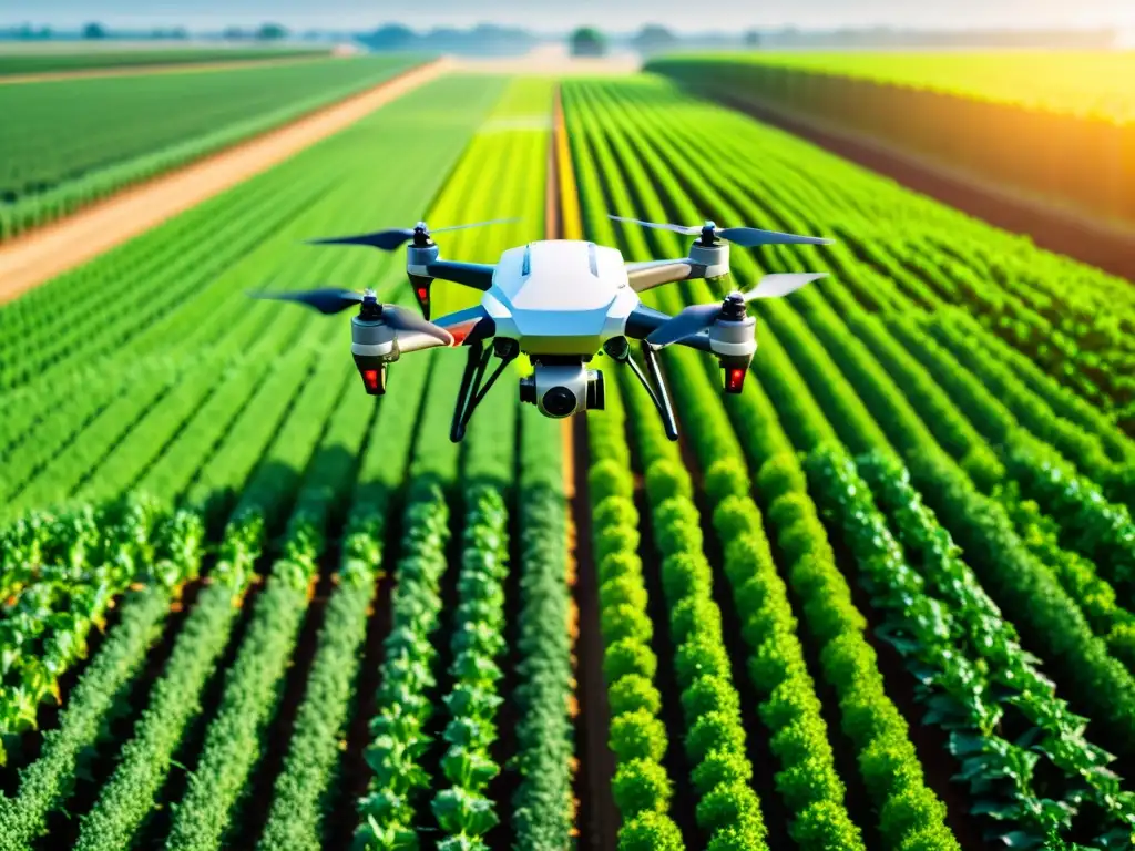 Agricultura moderna: IoT en acción en campo verde Un campo agrícola moderno y automatizado con cultivos exuberantes, monitoreado por dispositivos IoT