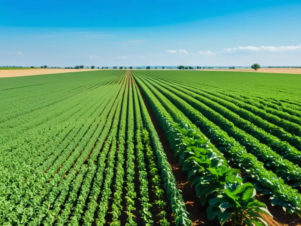 Un campo agrícola moderno bañado por el sol con cultivos verdes vibrantes y tecnología de código abierto para el desarrollo agrícola sostenible