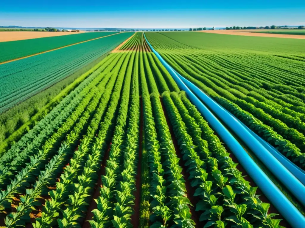 Campo agrícola moderno con tecnología IoT Campo agrícola moderno con cultivos verdes vibrantes bajo un cielo azul, con sensores y dispositivos IoT optimizando procesos agrícolas