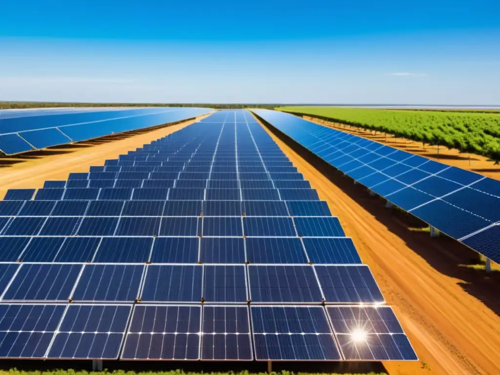 Un campo de paneles solares bajo un cielo azul claro, reflejando la luz del sol