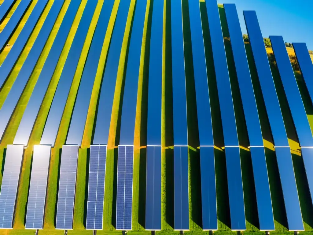 Un campo de paneles solares en un cielo azul vibrante, reflejando la luz del sol y creando largas sombras en el suelo