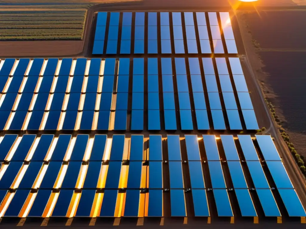 Un campo de paneles solares se extiende en un paisaje vasto, con el sol poniéndose al fondo, creando un resplandor dorado