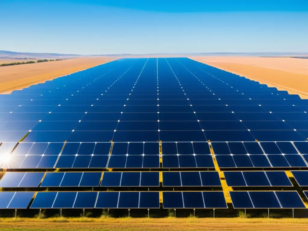 Un campo de paneles solares en un vasto paisaje soleado, evocando la esperanza de un futuro sostenible con energía renovable y software libre