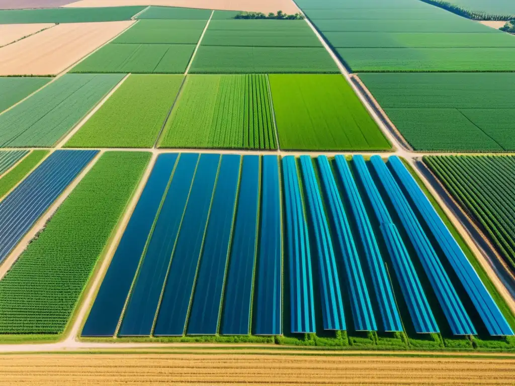 Un campo sostenible con cultivos vibrantes y tecnología avanzada, simbolizando la integración de software de código abierto en la agricultura sostenible