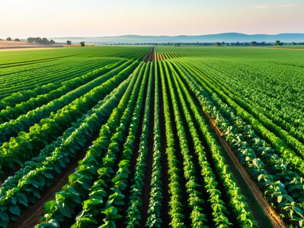 Campo verde con cultivos, agricultura sostenible con software de código abierto, fusión de tradición y tecnología