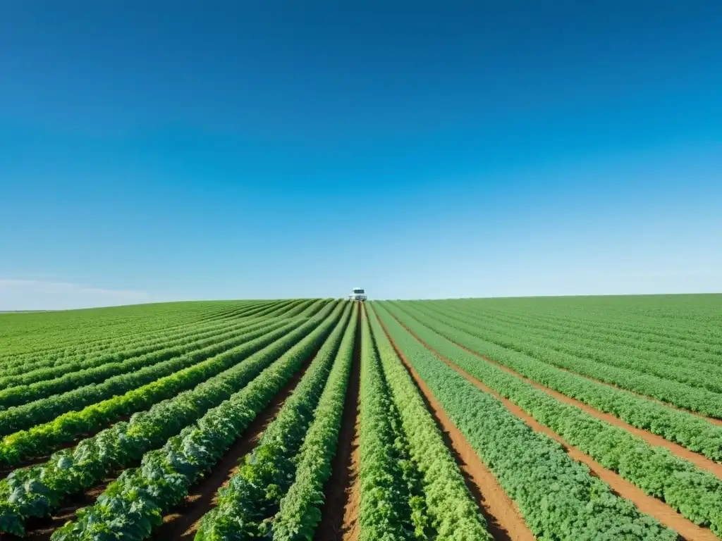 Un campo agrícola verde exuberante con cultivos vibrantes se extiende hasta el horizonte