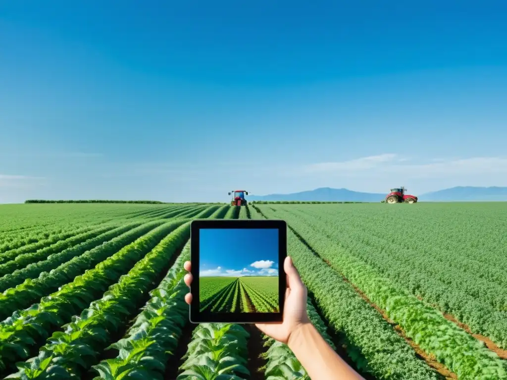 Un campo verde exuberante con cultivos ordenados y un agricultor usando tecnología sostenible