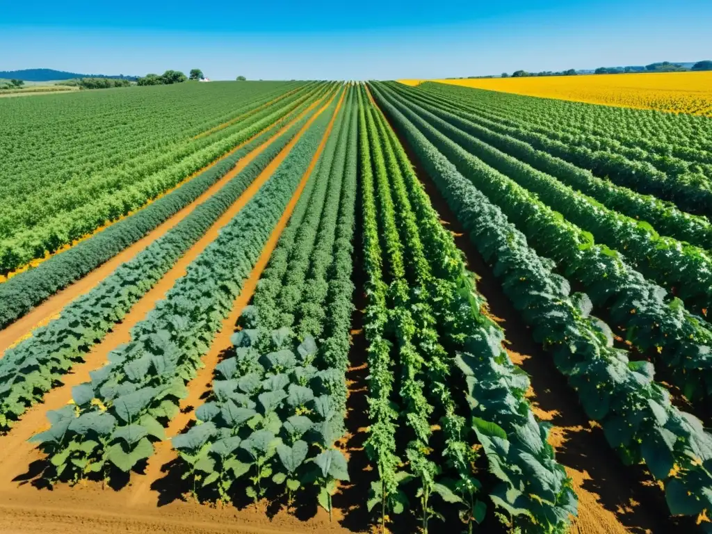 Campo agrícola vibrante y sostenible con cultivos variados, bajo un cielo azul claro, y tecnología agrícola de código abierto en uso