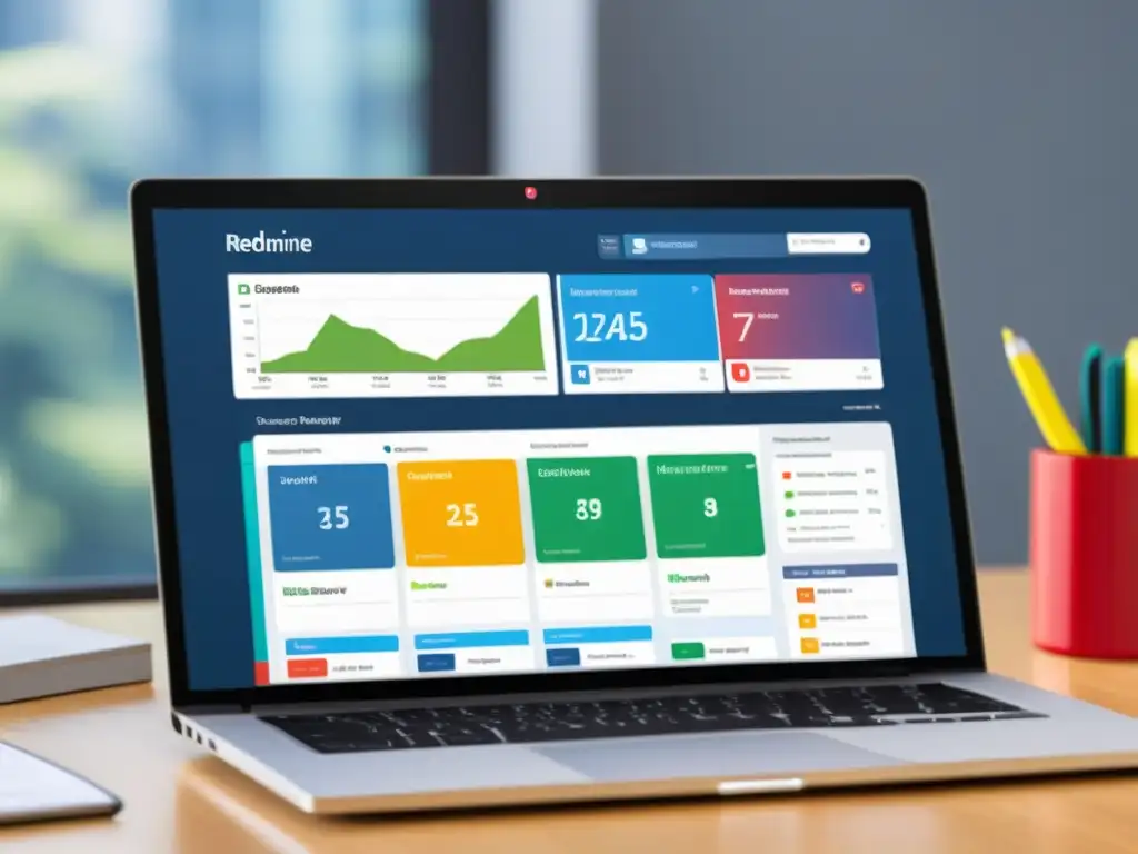 Captura del dashboard de Redmine configurado para control de proyectos, con tarjetas de tareas vibrantes y gráficos de progreso organizados