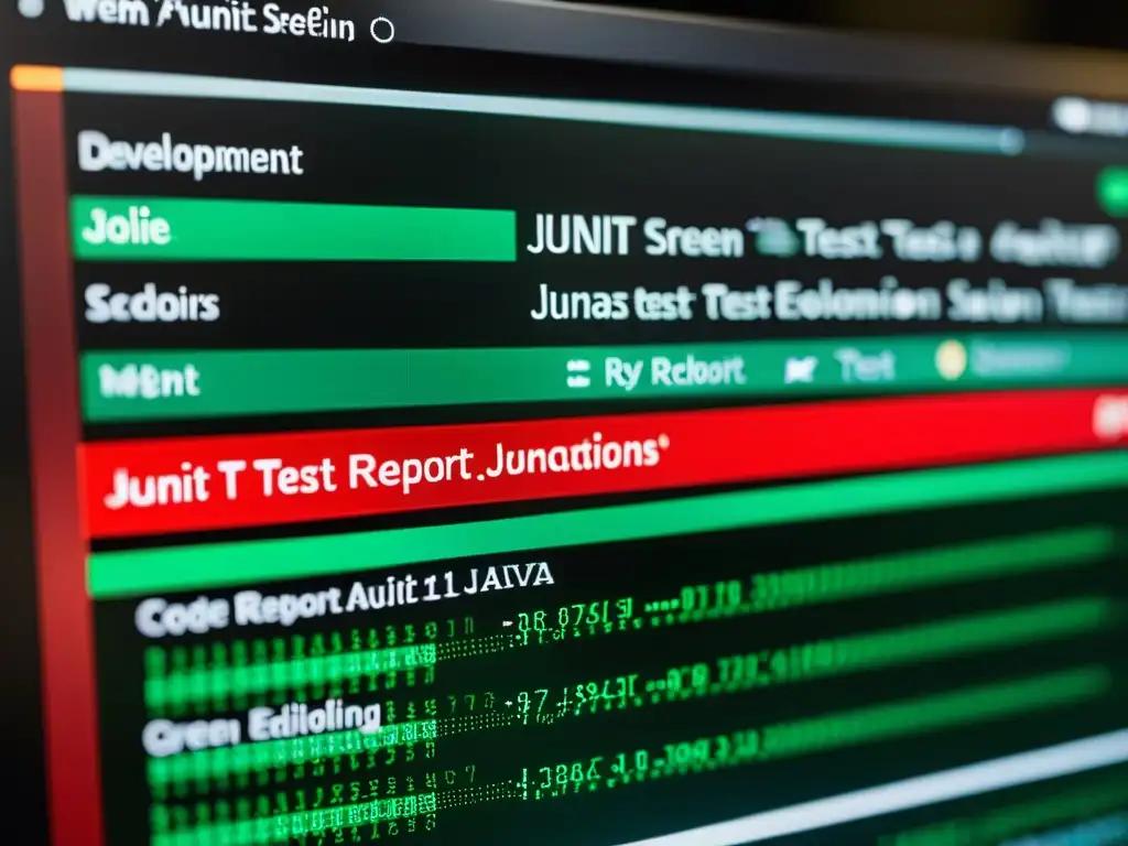 Captura detallada de informe de pruebas JUnit en pantalla de computadora, mostrando código Java y pruebas pasadas y fallidas