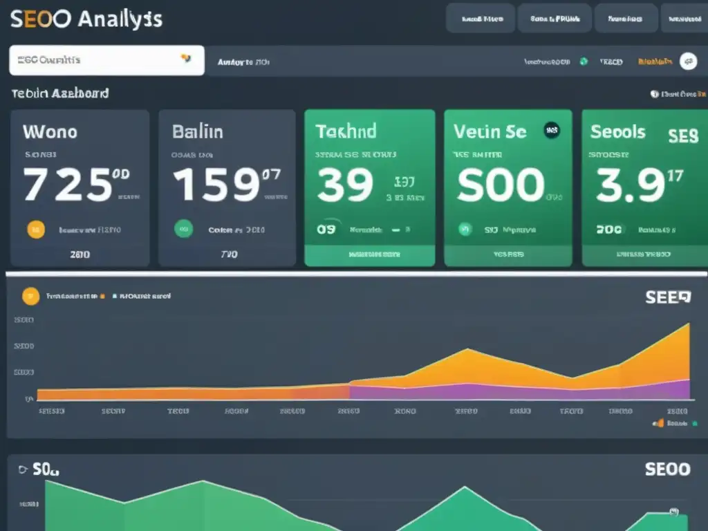 Captura detallada de un panel de análisis SEO de una herramienta de código abierto, con métricas técnicas como backlinks, rankings de palabras clave, velocidad del sitio y tendencias de tráfico orgánico