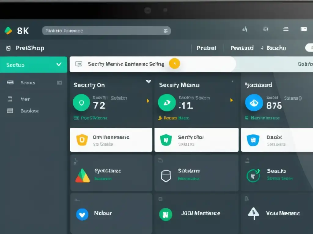 Captura detallada de un panel de control de PrestaShop en 8k resaltando configuraciones de seguridad y mantenimiento