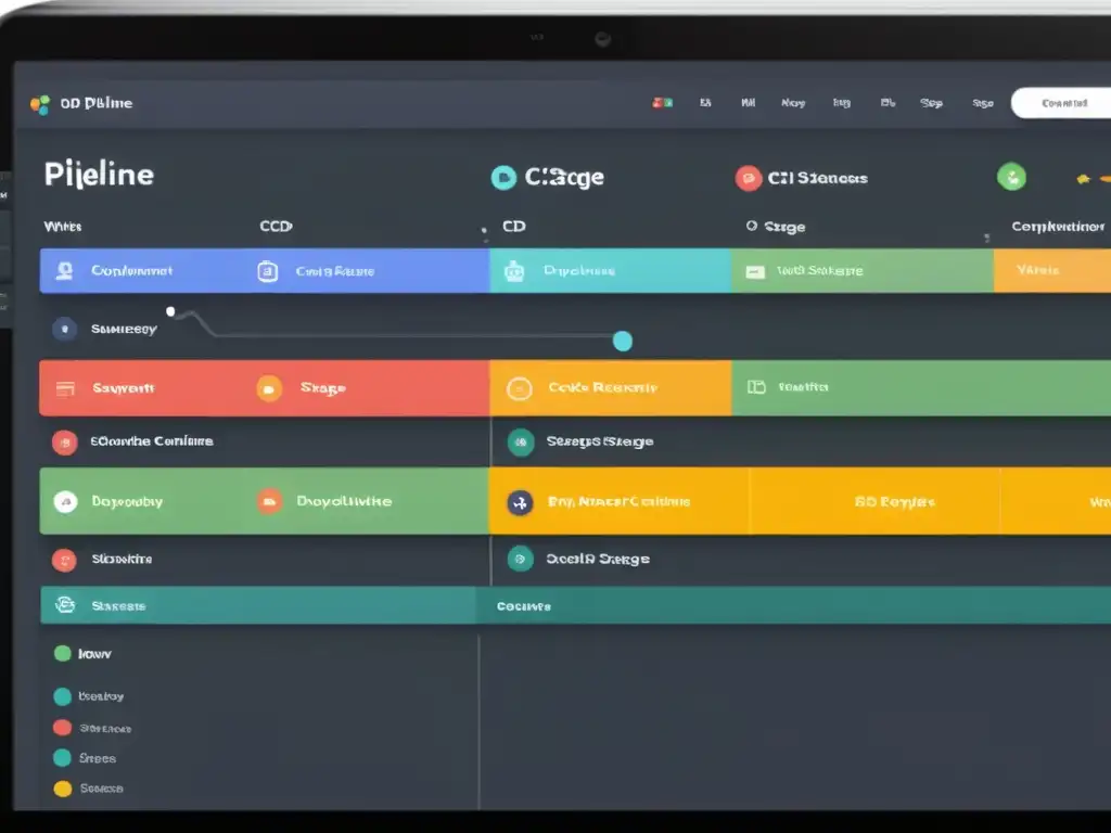 Captura del panel de control de GoCD mostrando un complejo pipeline CI/CD con indicadores detallados y diseño moderno que destaca el flujo de código